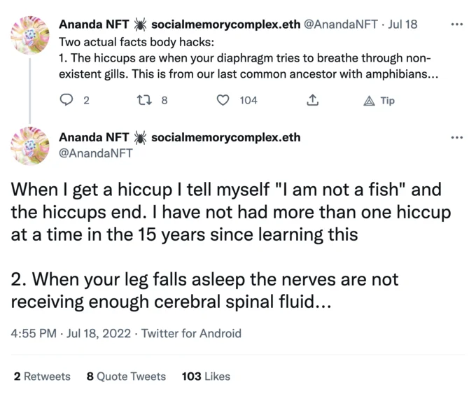 The I Am Not A Fish Hiccups Cure — Tweet by Ananda NFT explaining hiccups as vestigial gill breathing and sharing the 'I am not a fish' cure.
