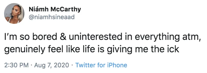 Screenshot of a 2020 Twitter post applying 'the ick' to general life dissatisfaction and broader contexts.