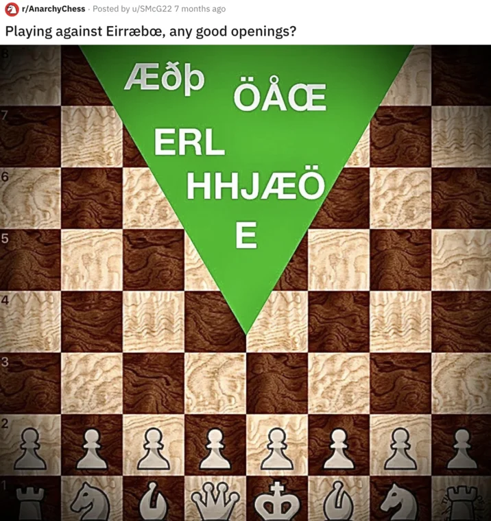 The Idol of Eirræbœ — Reddit chess post showing a chess board with a green inverted triangle containing jumbled Nordic letters where the opponent's pieces