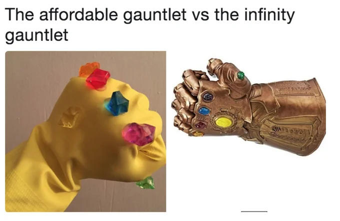 The Infinity Gauntlet — Yellow rubber glove with gummy candies compared to official Thanos Infinity Gauntlet replica