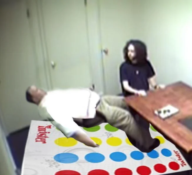 The Interrogation Of Stephen Mcdaniel — Photoshop edit of the interrogation with the detective on a Twister game mat