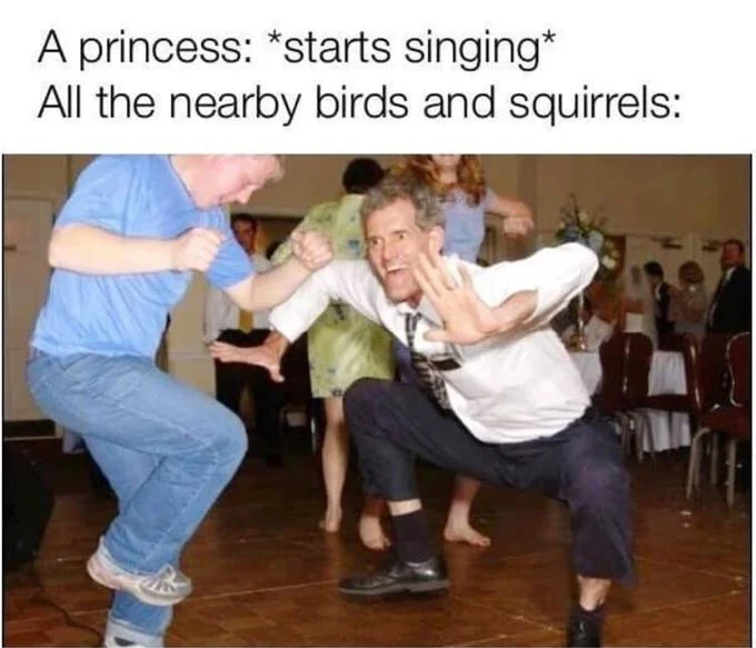 The Jig — Jig meme with 'princess sings, nearby birds and squirrels' caption.