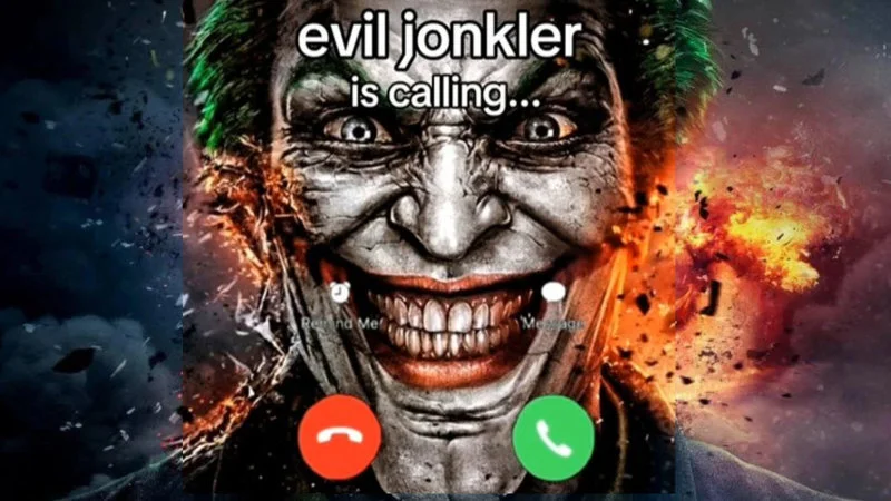 The Jonkler meme with distorted clown face and 'evil.jonkler is calling' phone interface