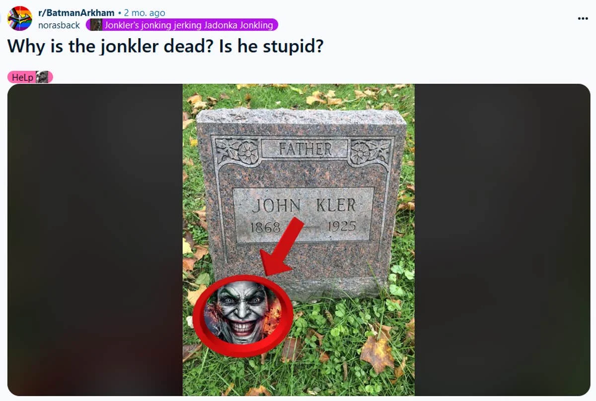 The Jonkler — Reddit post about Jonkler meme with gravestone image and red circle