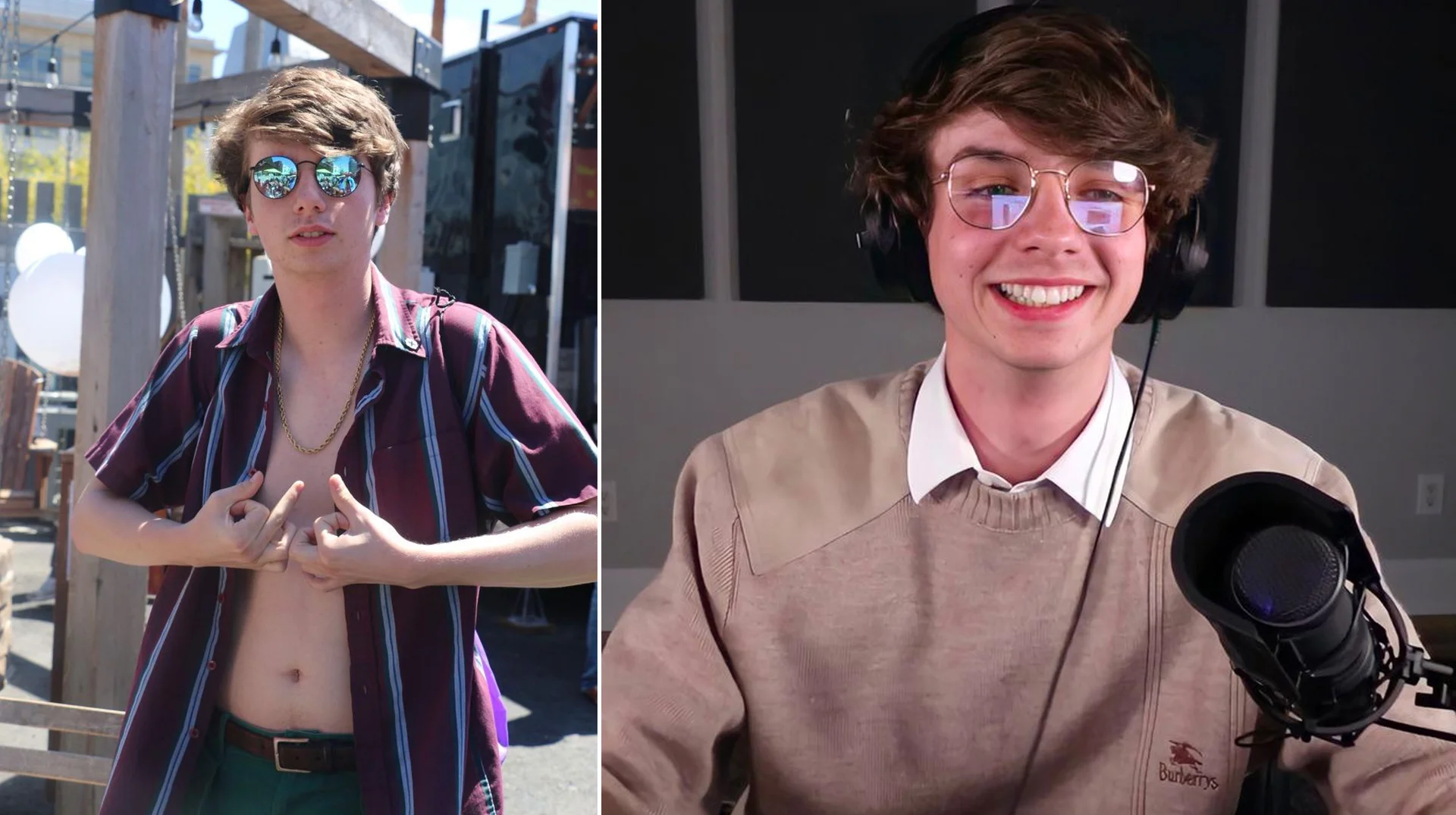 The Karl Effect — Side-by-side comparison of a young man styled as a party-goer versus a wholesome podcaster