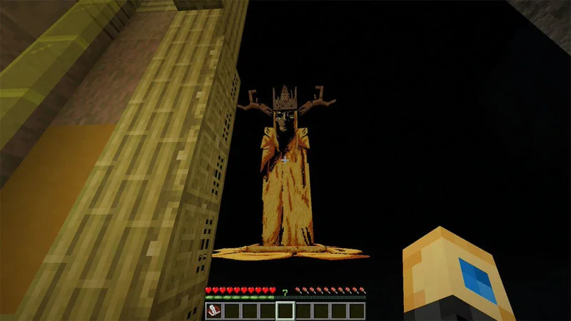 The King In Yellow Minecraft Arg — Pristine Minecraft screenshot of the tall, yellow-robed entity with branching antlers standing in a dark architectural