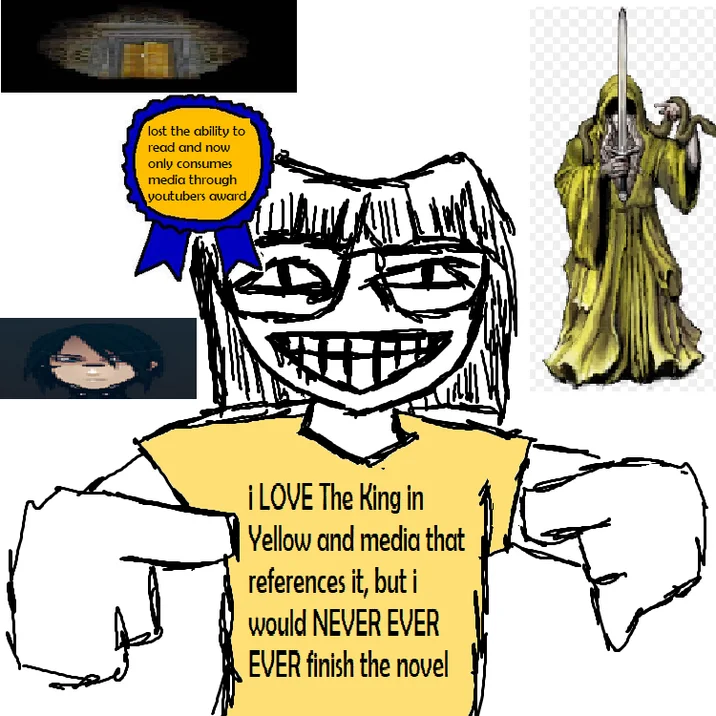 The King In Yellow Minecraft Arg — Composite reaction meme featuring troll face expressions alongside the King in Yellow figure with text about the media.