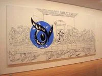 The Last Supper Parodies — A gallery canvas featuring a simplified black line Last Supper composition with a prominent oversized blue circular graphic placed