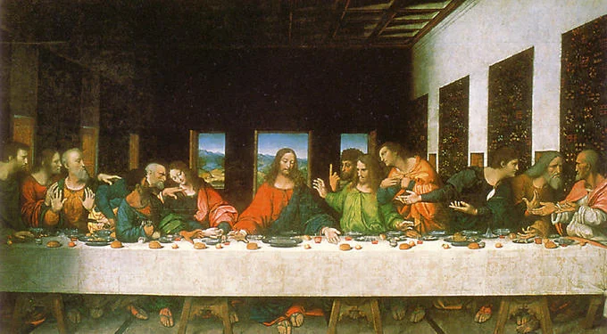 The Last Supper Parodies — A high-quality color reproduction of Leonardo da Vinci's The Last Supper showing Jesus and twelve disciples at a long table in a
