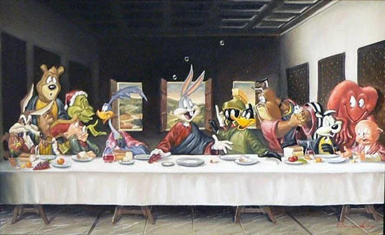 The Last Supper Parodies — A richly painted artwork recreating The Last Supper with Looney Tunes characters and Bugs Bunny in the central Jesus position.