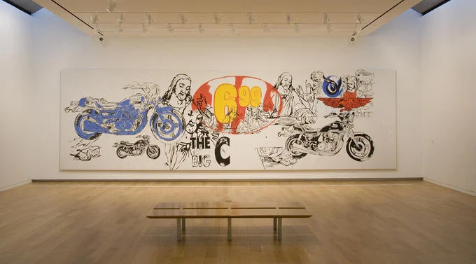 The Last Supper Parodies — A large canvas artwork depicting a Last Supper scene filled with motorcycles, abstract figures, and text with pop imagery.