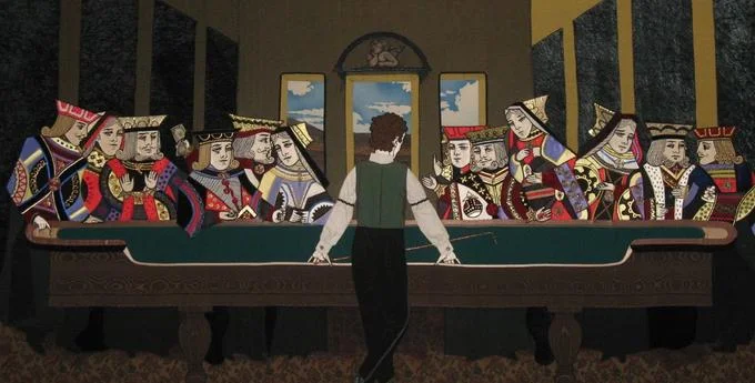 The Last Supper Parodies — A textile artwork depicting a Last Supper tableau in which all disciples are represented as playing card court figures around a