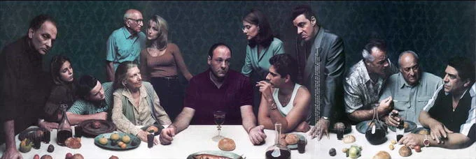 The Last Supper Parodies — The cast of The Sopranos arranged in a direct recreation of The Last Supper tableau with Tony Soprano in the central position.