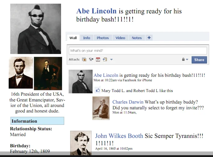The Law of Exclamation — Parody Facebook profile for Abraham Lincoln using excessive exclamation marks and ones in a status update