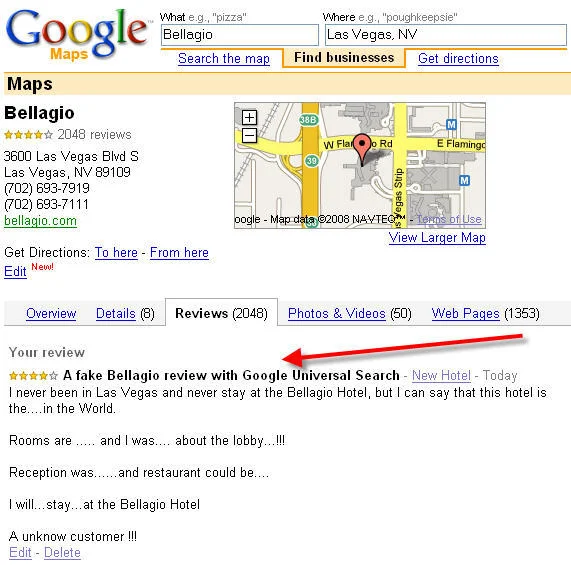 The Law of Exclamation — Google Maps screenshot showing a fake Bellagio Hotel review highlighted with a red arrow