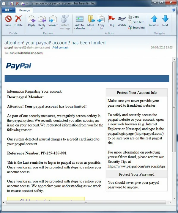 The Law of Exclamation — Screenshot of a PayPal phishing email with multiple exclamation marks in the subject line