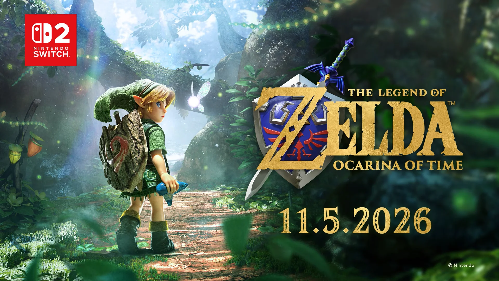 The Legend of Zelda: Ocarina of Time (2026) — The Legend of Zelda: Ocarina of Time logo with Master Sword and Hylian Shield on black background