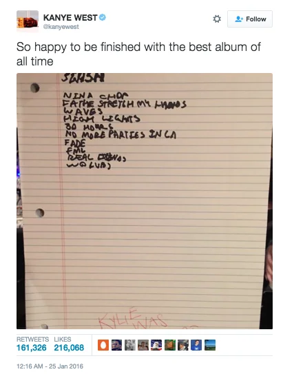 Kanye West tweet showing a handwritten tracklist for The Life of Pablo