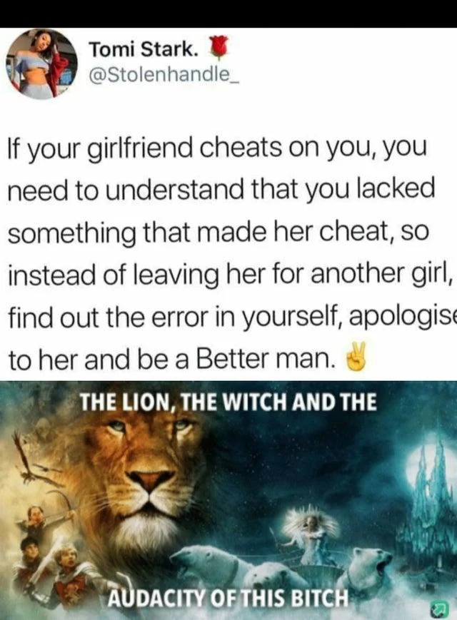 The Lion, The Witch, And The Audacity Of This Bitch — Tweet about girlfriends cheating paired with the Narnia audacity meme reaction