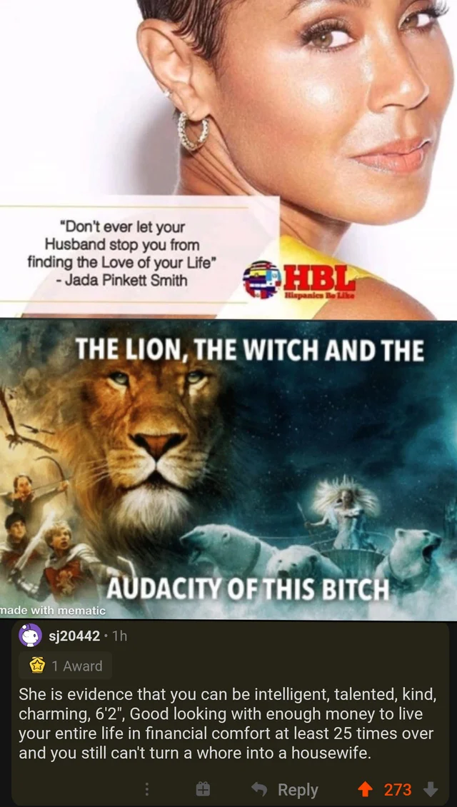 The Lion, The Witch, And The Audacity Of This Bitch — Reddit meme pairing Jada Pinkett Smith quote with the Narnia audacity meme