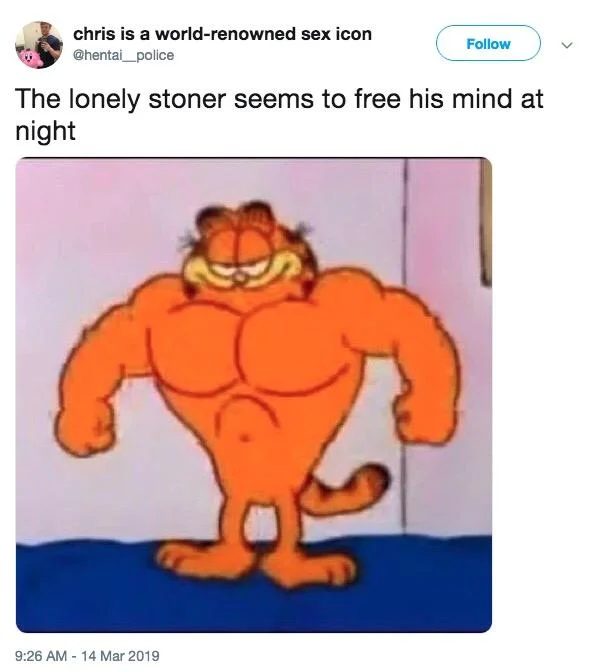 The Lonely Stoner Seems to Free His Mind at Night — Tweet with the lyric caption and the Buff Garfield cartoon image.