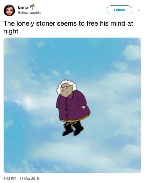 The Lonely Stoner Seems to Free His Mind at Night — Tweet with the lyric caption and cartoon of an elderly woman floating in the sky.