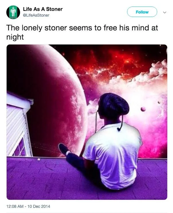 The Lonely Stoner Seems to Free His Mind at Night — Tweet with lyric caption and image of boy on rooftop viewing a cosmic purple sky.