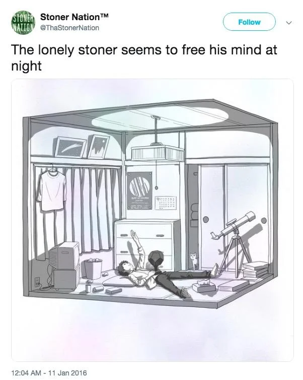 The Lonely Stoner Seems to Free His Mind at Night — Tweet with the lyric caption over an anime illustration of someone lying on a bedroom floor at night.