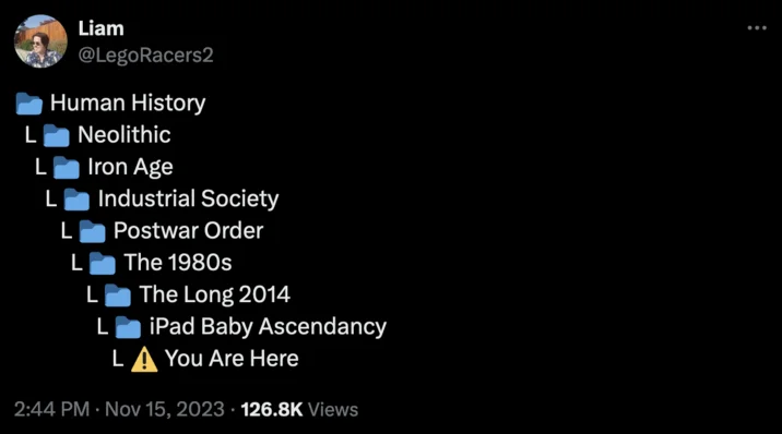 Liam @LegoRacers2 Human History Neolithic Iron Age Industrial Society Postwar Order The 1980s L The Long 2014 iPad Baby Ascendancy LA You Are Here 2:44 PM Nov