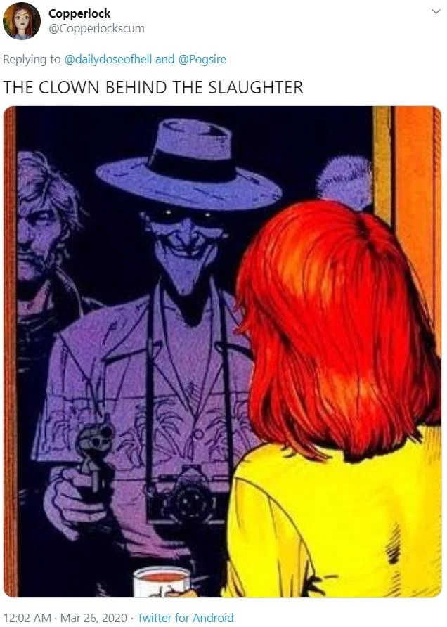 The Man Behind The Slaughter — Social media screenshot of a meme variation with noir retro art style showing purple-tinted vintage figures and a red-haired