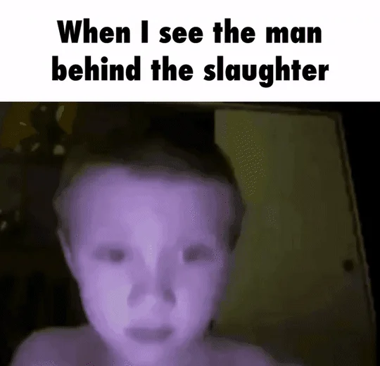 The Man Behind The Slaughter — Reaction image meme with bold text caption above a purple-hued distorted face conveying shock or unease.