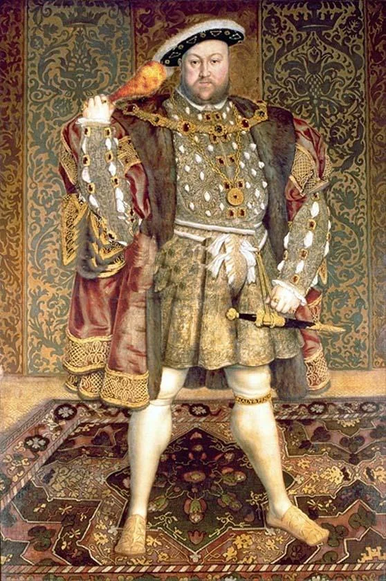 The Mandela Effect — A full-length classical oil portrait of King Henry VIII in Tudor regalia holding what appears to be food in his hand.