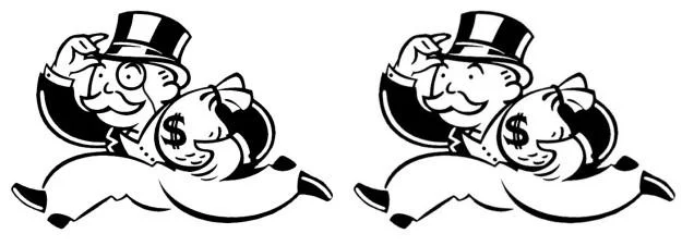The Mandela Effect — A clean black-and-white side-by-side comparison of the Monopoly Man showing he does not wear a monocle.