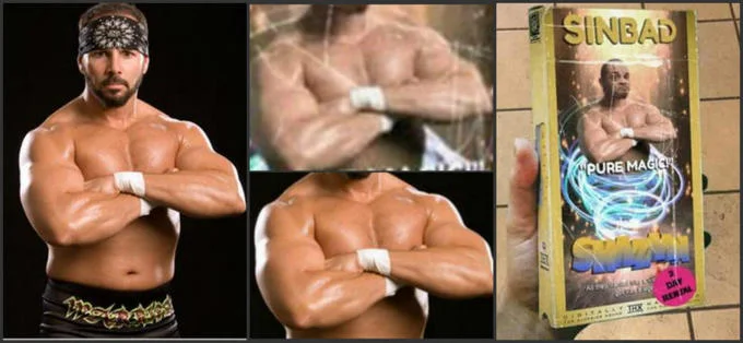 The Mandela Effect — A collage of muscular man images and a VHS tape labeled 'Sinbad — Pure Magic — Shazam' discussing physical misidentification.