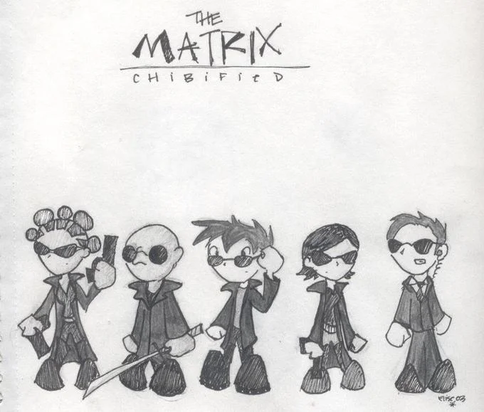 The Matrix — Pencil sketch of chibi-style Matrix characters lined up