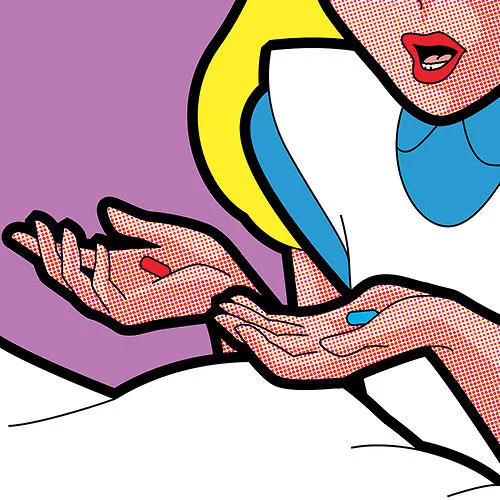 The Matrix — Pop art illustration of woman offering red and blue pills