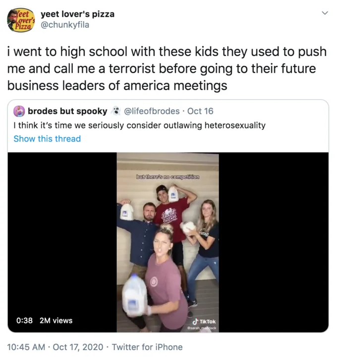 The Milk Is Its Dad And The Box Is The Mom — Quote tweet joking about high school bullies, showing TikTok of friends holding milk jugs