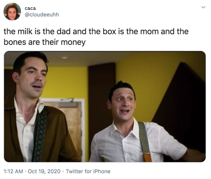 The Milk Is Its Dad And The Box Is The Mom — Tweet pairing the milk and box line with an 'I Think You Should Leave' sketch still