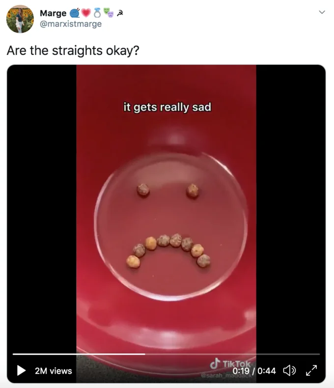 The Milk Is Its Dad And The Box Is The Mom — Tweet reading 'Are the straights okay?' over a TikTok showing a sad face made of chickpeas