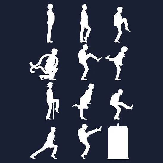 The Ministry of Silly Walks — Minimalist poster of a bowler-hatted silhouette walking away leaving red footprints, titled 'Monty Python's Ministry of Silly