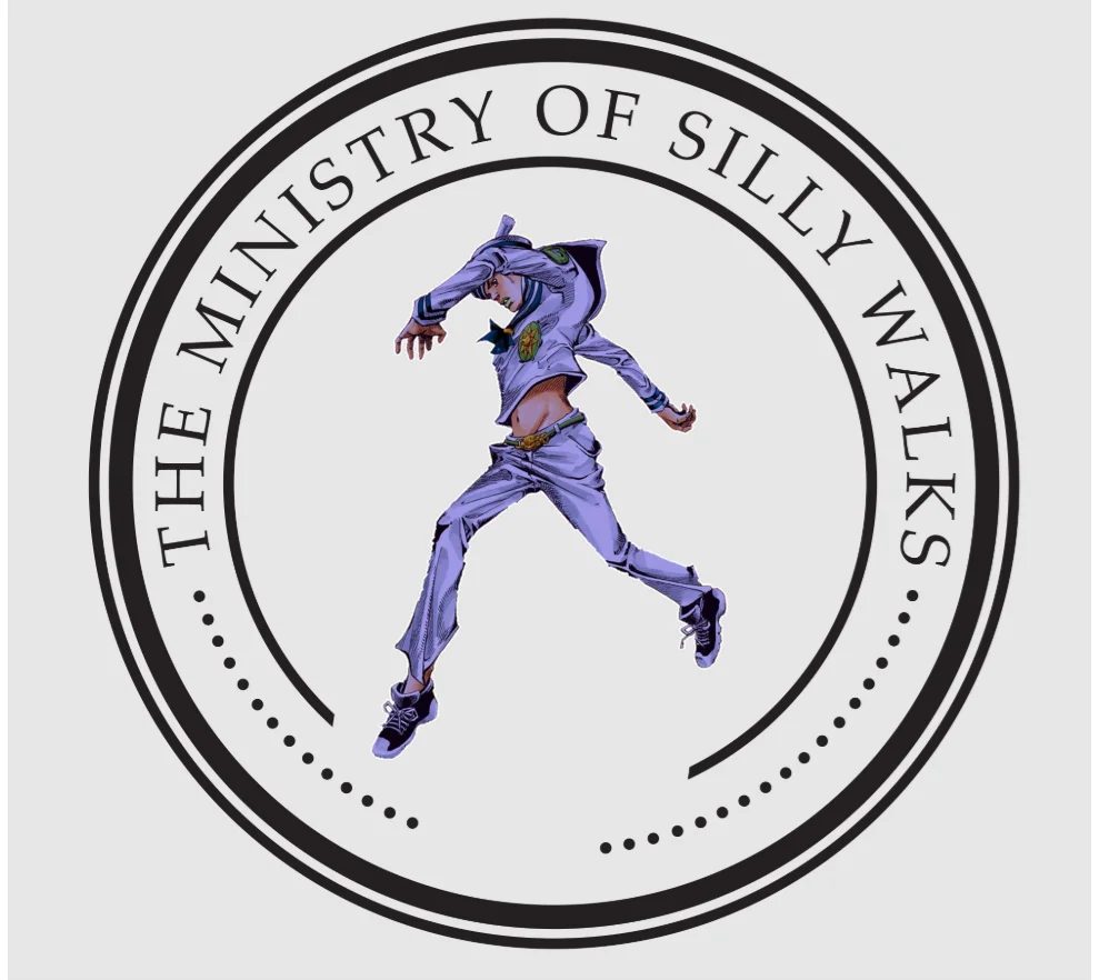 The Ministry of Silly Walks — Black silhouette sequence of a bowler-hatted man performing stages of a silly walk with a briefcase.