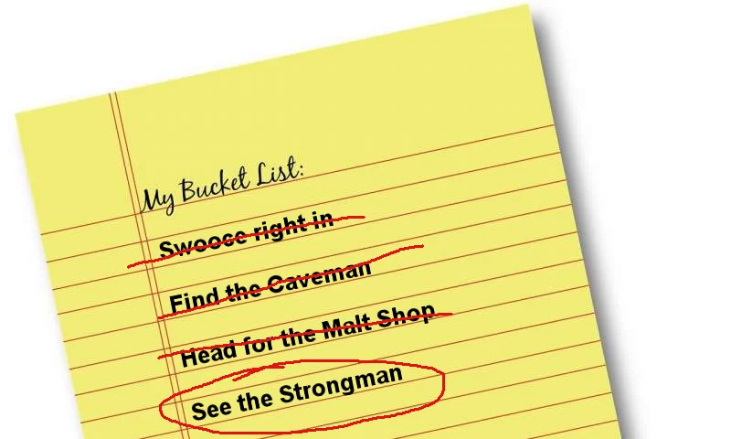 The Misadventures of Skooks — Yellow notepad bucket list featuring Skooks catchphrases