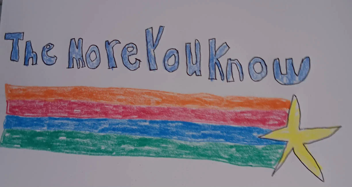 Hand-drawn crayon recreation of 'The More You Know' logo on paper