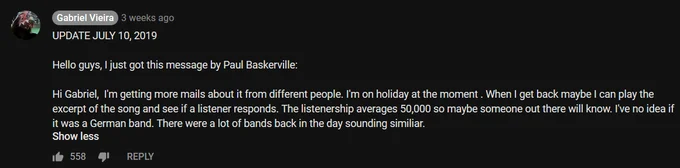 The Most Mysterious Song On The Internet — A screenshot of a YouTube comment from Gabriel Vieira quoting Paul Baskerville's speculation about the song being