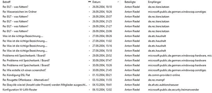 The Most Mysterious Song On The Internet — A screenshot of a German email client showing email threads sent to newsgroups from late September to early October