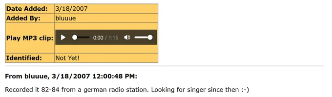 The Most Mysterious Song On The Internet — A screenshot of the WatZatSong website showing the original upload from March 18, 2007 with an MP3 player and