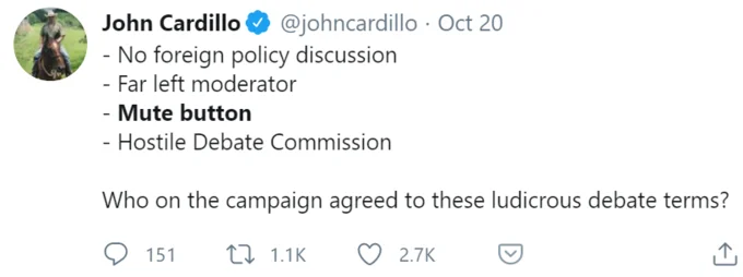 The Mute Button 2020 Presidential Debate — A tweet from John Cardillo criticizing debate conditions including the mute button and moderator choice.