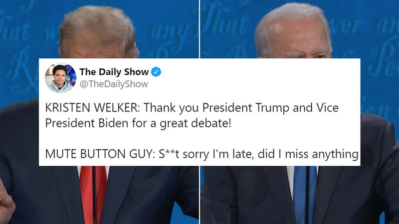 The Mute Button 2020 Presidential Debate — A composite editorial image with Trump and Biden at debate podiums and a central Daily Show mute button tweet