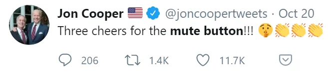 The Mute Button 2020 Presidential Debate — A tweet from Jon Cooper enthusiastically supporting the mute button with clapping and bell emojis.