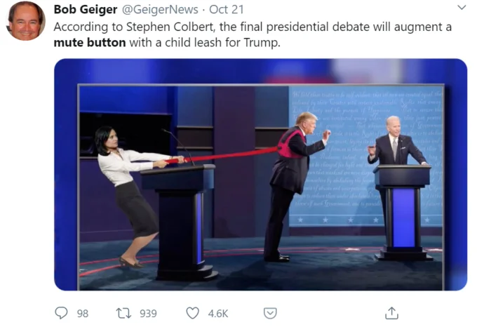 The Mute Button 2020 Presidential Debate — A tweet from Bob Geiger with a photoshopped debate stage image showing a woman pulling Trump on a red leash.